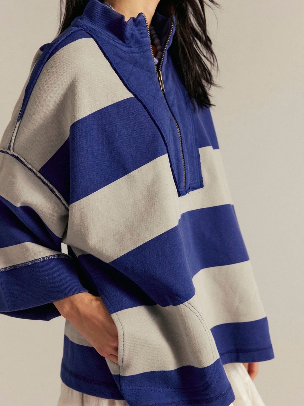 We The Free Navy and Gray Striped Half-Zip Pullover